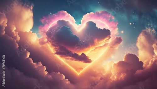 Abstract Celestial Scene with Neon Clouds Heart Shaped