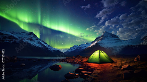 Solitary tent in vast wilderness, under aurora's sway—nature's canvas alights, whispers solitude and celestial joy photo