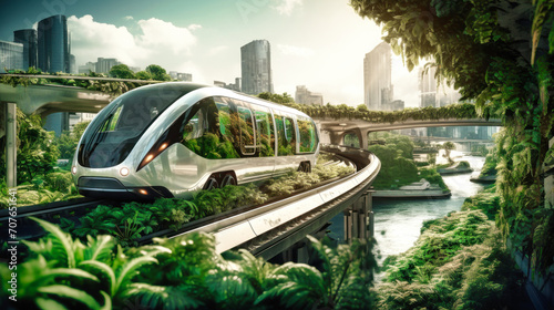 A high-speed train enters a futuristic train station, symbolizing the concept of rail transport infrastructure. City train of the future