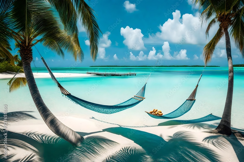 Fototapeta premium An idyllic scene of a hammock swaying between two palm trees on a secluded sandbar, surrounded by the endless expanse of the aquamarine ocean.