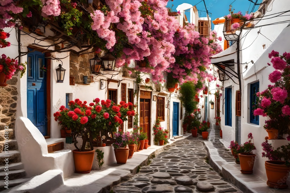 A quiet morning in the village of Megalochori, with its charming cobblestone streets lined with traditional houses and blooming flowers.