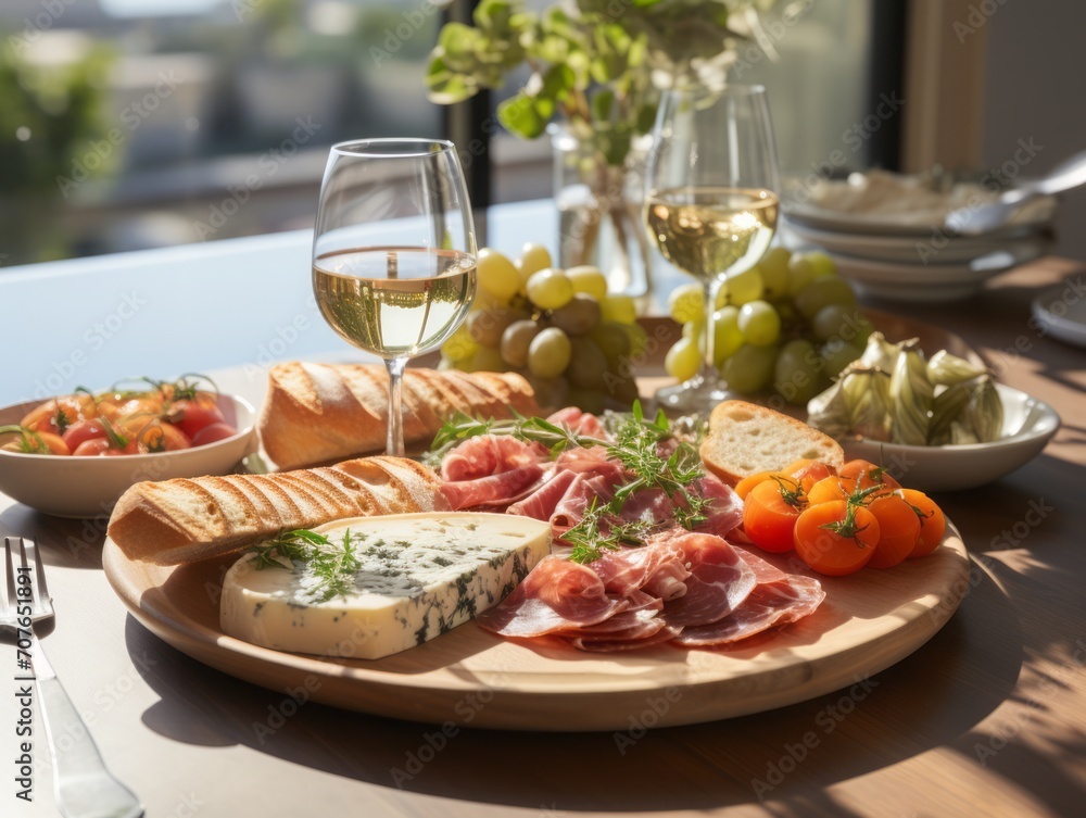 soft hues of charcuterie board and a glass of wine on a kitchen table on a sunny day, soft hues of charcuterie board and a glass of wine on a kitchen table on a sunny day,