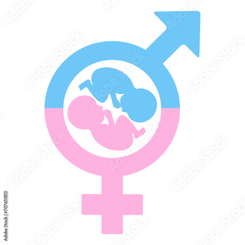 Illustration of pink and blue female and male gender symbols with newborns on a white background.