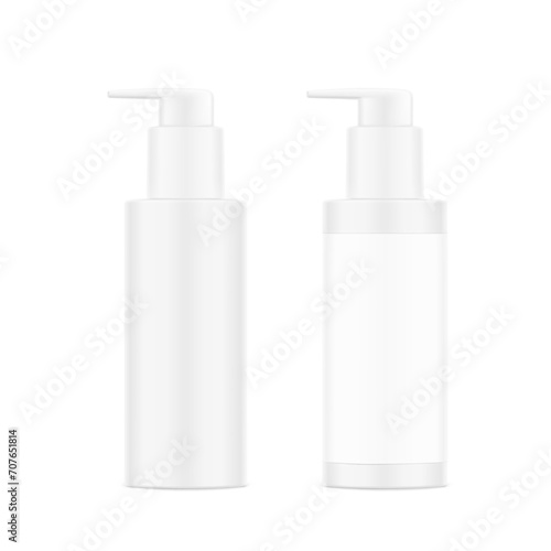 Realistic clean bottle with plastic dispenser for cosmetic products set. Vector illustration isolated on white background. Ready for use in presentation, promo, advertising and more. EPS10.