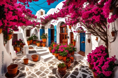 A quaint courtyard hidden in the labyrinthine streets of Santorini, adorned with vibrant bougainvillea and traditional Greek architecture.