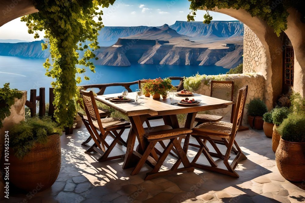 A charming vine-covered terrace with a rustic wooden table set against the backdrop of the caldera's breathtaking views.