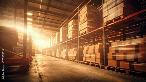 Retail warehouse full of shelves with goods in cardboard boxes and packaging. Logistics, sorting and distribution complex for product delivery.