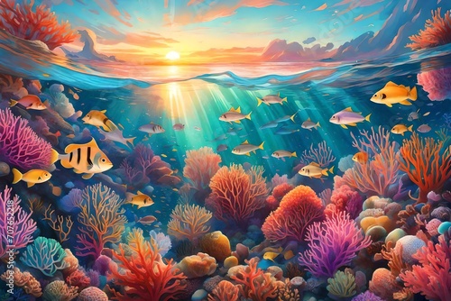 A vibrant coral reef teeming with colorful marine life, set against the backdrop of a mesmerizing sunrise painting the sky in pastel hues.