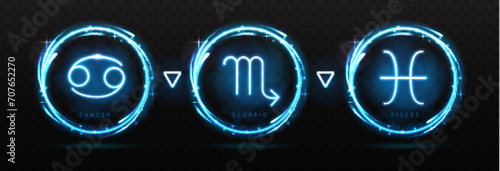 Set of modern magic witchcraft astrology neon water zodiac signs in glowing spheres. Cancer, Scorpio and Pisces neon sign. Vector illustration