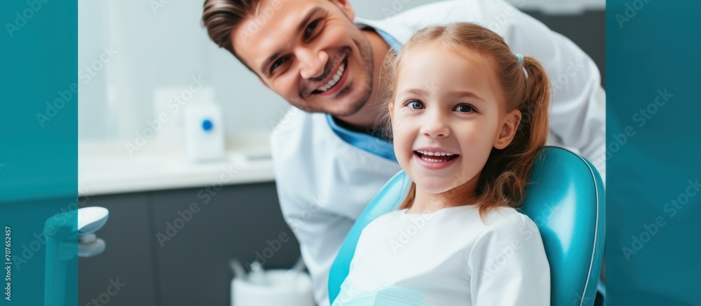 happiness cute girl and dentist for checkup and treatment of teeth at clinic, Smiling girl on bed at dentist clinic happiness cute girl and dentist for checkup and treatment of teeth at clinic, Smiling girl on bed at dentist clinic