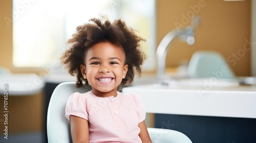 Happiness cute African American child and dentist for checkup and treatment of teeth at clinic photo