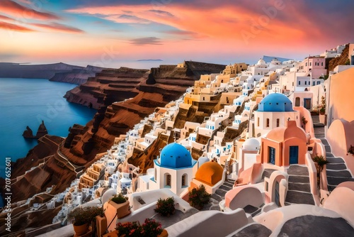 A serene sunrise over the cliffs of Santorini, painting the sky in soft pastel shades and casting a tranquil glow over the island.