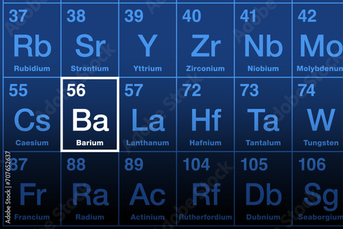 Barium element on the periodic table. Alkaline earth metal with element symbol Ba, from Greek baryta, meaning heavy. Atomic number 56. The compound barium sulfate is used as X-ray radiocontrast agent. photo