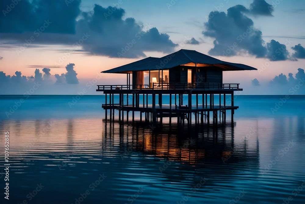 A solitary overwater bungalow perched on stilts, casting a reflection on the calm, mirror-like surface of the ocean during twilight.