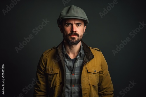 Portrait of a bearded hipster man in a hat and jacket on a dark background.