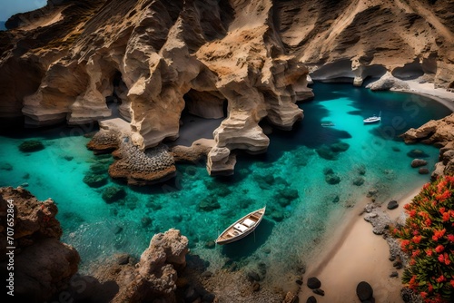 A hidden cove with a pebble beach and crystal-clear waters, tucked away amidst the rugged coastline of Santorini.