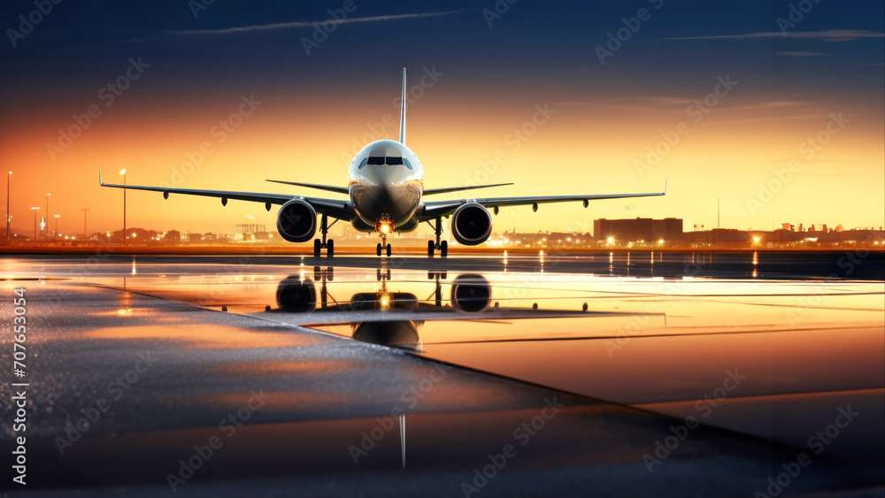Passenger plane on the runway. Airplane landing against sunset background. Air passenger transportation. Passenger plane on the runway. Airplane landing against sunset background. Air passenger transportation.