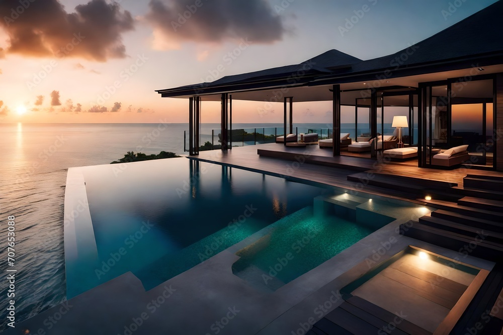 A luxurious overwater villa with a private infinity pool, offering a stunning view of the ocean that fades into the horizon at sunset.