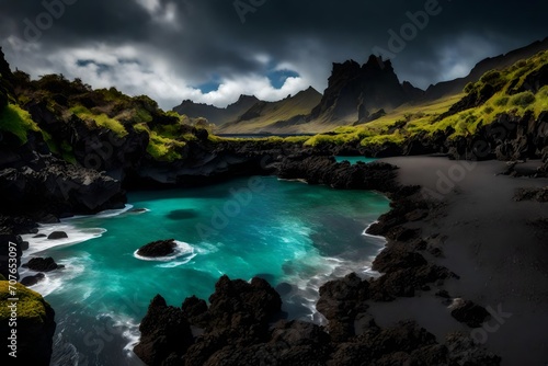 A secluded cove with crystal-clear waters lapping against volcanic black sand beaches, framed by rugged cliffs. © Tae-Wan