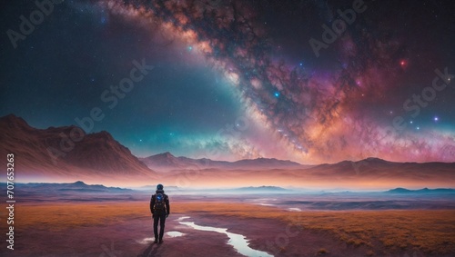 In a mesmerizingly ethereal composition  a digitalized unearthly galactic nomad wanders through the vast expanse of a surreal cosmic landscape.