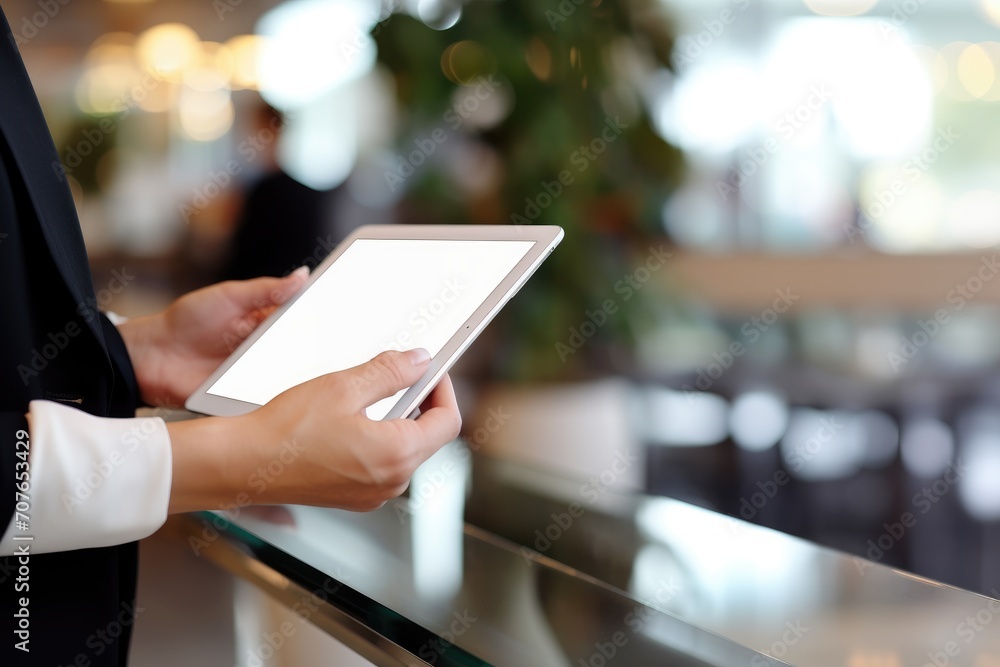A person hand is holding a tablet device. using digital tablet to view business A person hand is holding a tablet device. using digital tablet to view business