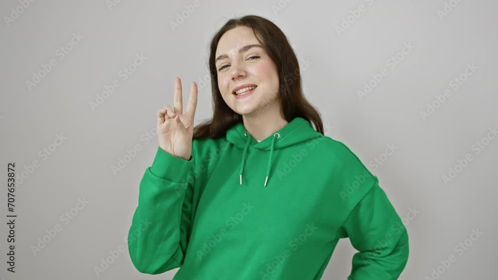 Joyful young woman wearing a sweatshirt, confidently showing a victory sign with her cheerful smile, standing isolated on a white background. Joyful young woman wearing a sweatshirt, confidently showing a victory sign with her cheerful smile, standing isolated on a white background.
