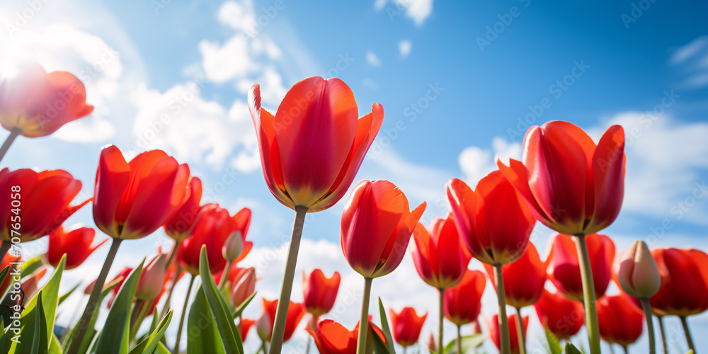 Beautiful red spring tulip flowers blooming during early spring with blue sky in background Beautiful red spring tulip flowers blooming during early spring with blue sky in background
