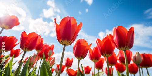 Beautiful red spring tulip flowers blooming during early spring with blue sky in background