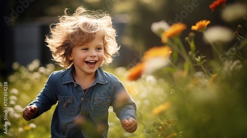 a happy child playing in a sunlit garden photo