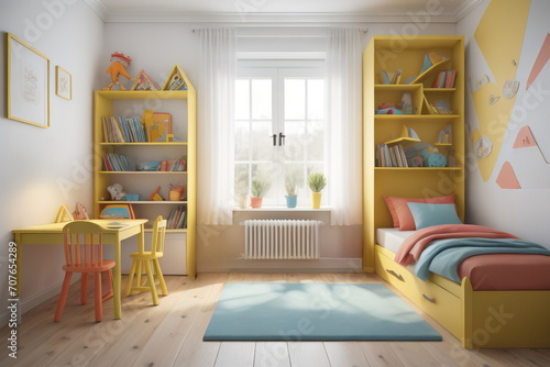  Bright children's room with kids table and shelves near window © Marko