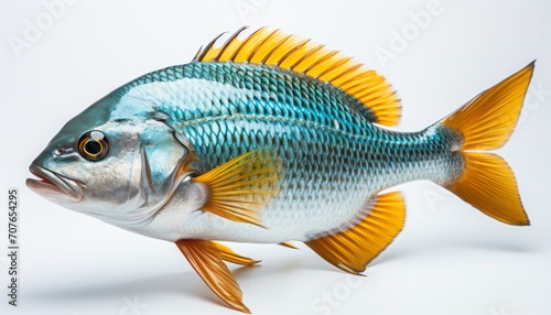 one type sea fish , elevation side view , isolated on white background, photo