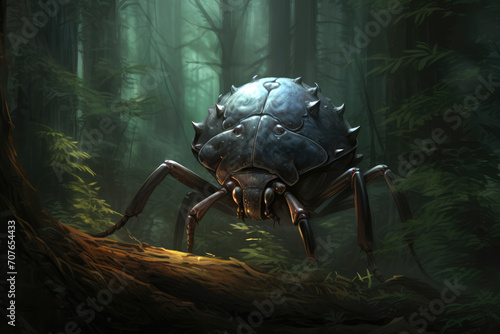 Illustration of a giant tick, with armored skin and menacing pincers, lurking in the shadowy underbrush of an eerie forest