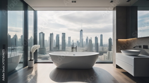 City view behind panoramic window and white bath tub