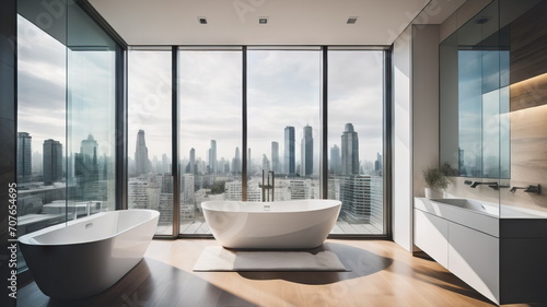 City view behind panoramic window and white bath tub