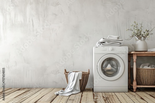 Modern washing machine and laundry basket near white wall indoors, space for text. Bathroom interior photo