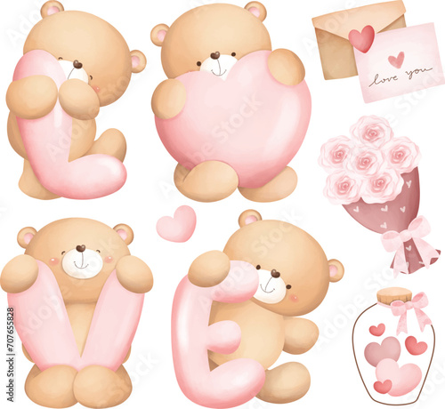 Watercolor Illustration set cute Teddy Bears and Valentine Clipart