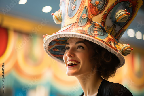  Close-up photo of a carousel-shaped hat worn by a person, focusing on the hat with their joyful, nostalgic eyes visible © Hanna Haradzetska