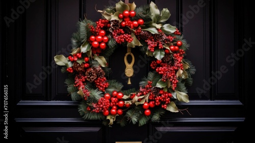 a wreath on a door with a red bow