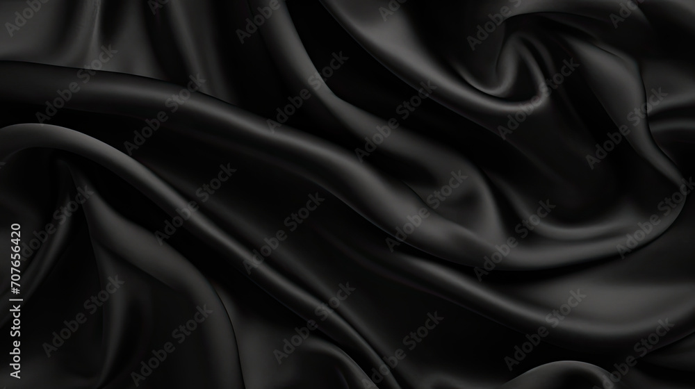 Abstract black background. black fabric texture background.  black silk satin. Curtain. Luxury background for design. Shiny fabric. Wavy folds.	