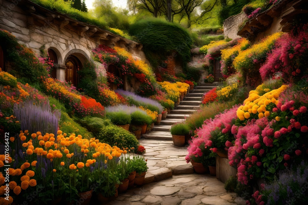 A series of terraced gardens overflowing with vibrant blooms, cascading down the cliffs in a riot of color and fragrance.