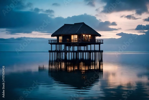 A solitary overwater bungalow perched on stilts, casting a reflection on the calm, mirror-like surface of the ocean during twilight.