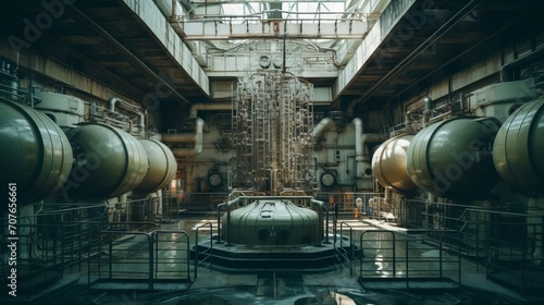 Nuclear power plant, view from the inside. A large modern industrial building, a factory with steel structures. natural light.