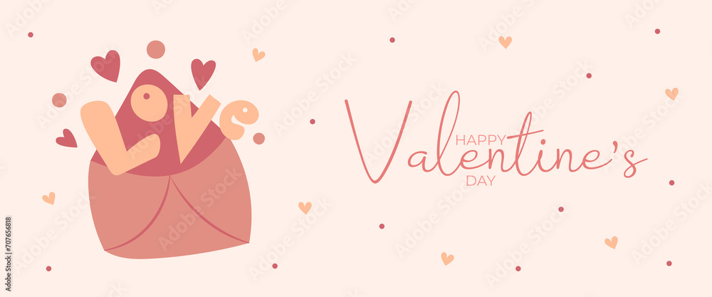 Single hand draw banner with envelope hearts and word love for Valentine's day. Happy Valentine's day and button read more. Peach fuzz, red, brow and pink colors.Cartoon style. Vector illustration
