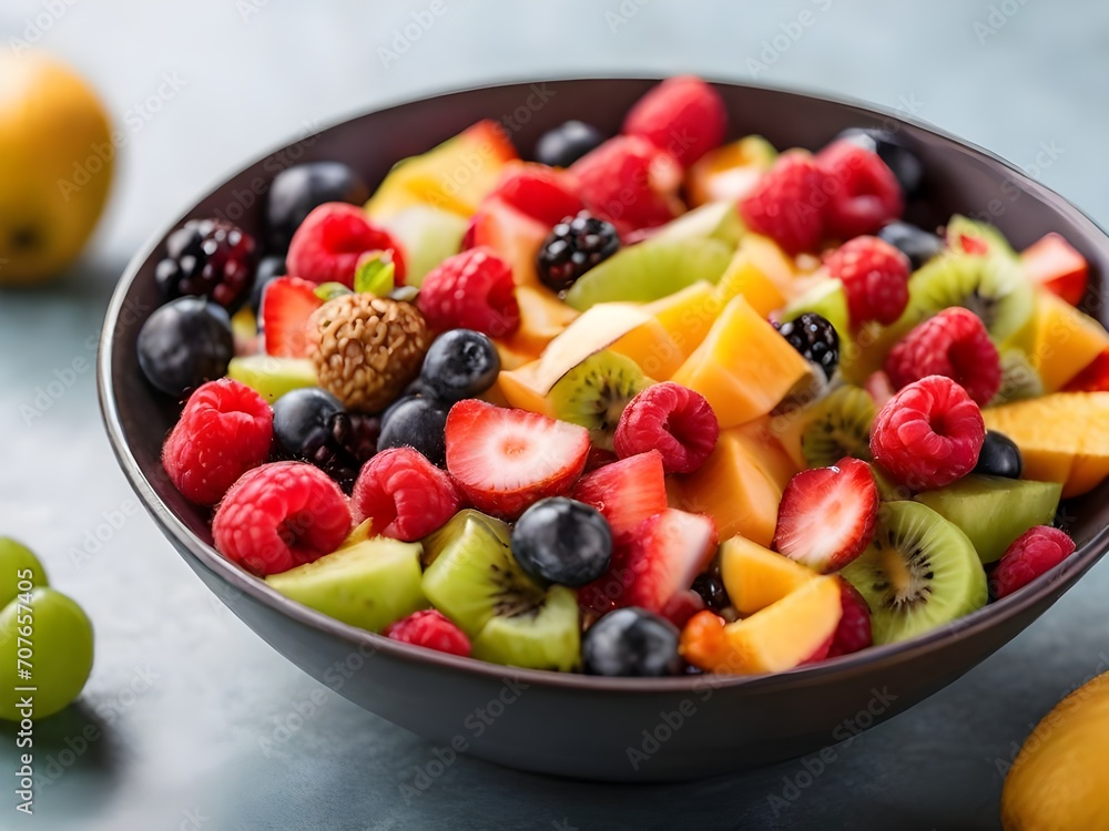 Colorful fruit salad in black bowl. This image shows a bowl of fruit salad filled with a variety of colorful fruits, including raspberries, blueberries, strawberries, kiwi, apples, and grapes.