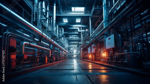 The interior of a large industrial building  a factory with steel structures. Inside the refinery  pipes  oil storage facilities and modern equipment.
