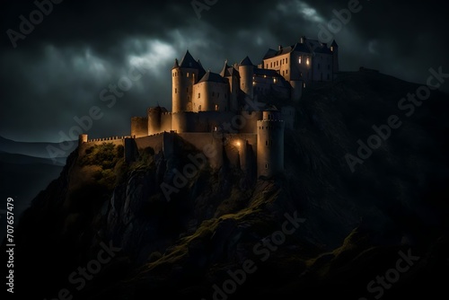 An ancient castle nestled on a hill, partially shrouded in darkness, with faint glimmers of torchlight seeping through the windows. photo