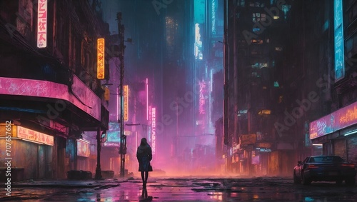 In the neon-noir zenithal cyberpunk street scene  the viewer is transported to a captivating world of vibrant yet deteriorated cityscape.