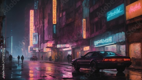 In the neon-noir zenithal cyberpunk street scene, the viewer is transported to a captivating world of vibrant yet deteriorated cityscape.