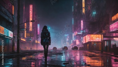 In the neon-noir zenithal cyberpunk street scene, the viewer is transported to a captivating world of vibrant yet deteriorated cityscape. photo