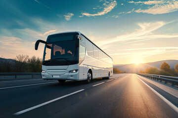 White travel bus on a beautiful highway. AI generated